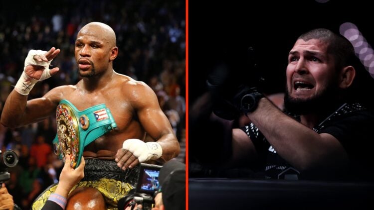 Floyd Mayweather celebrates his win over Robert Guerrero split with Khabib Nurmagomedov shouting advice at UFC Baku