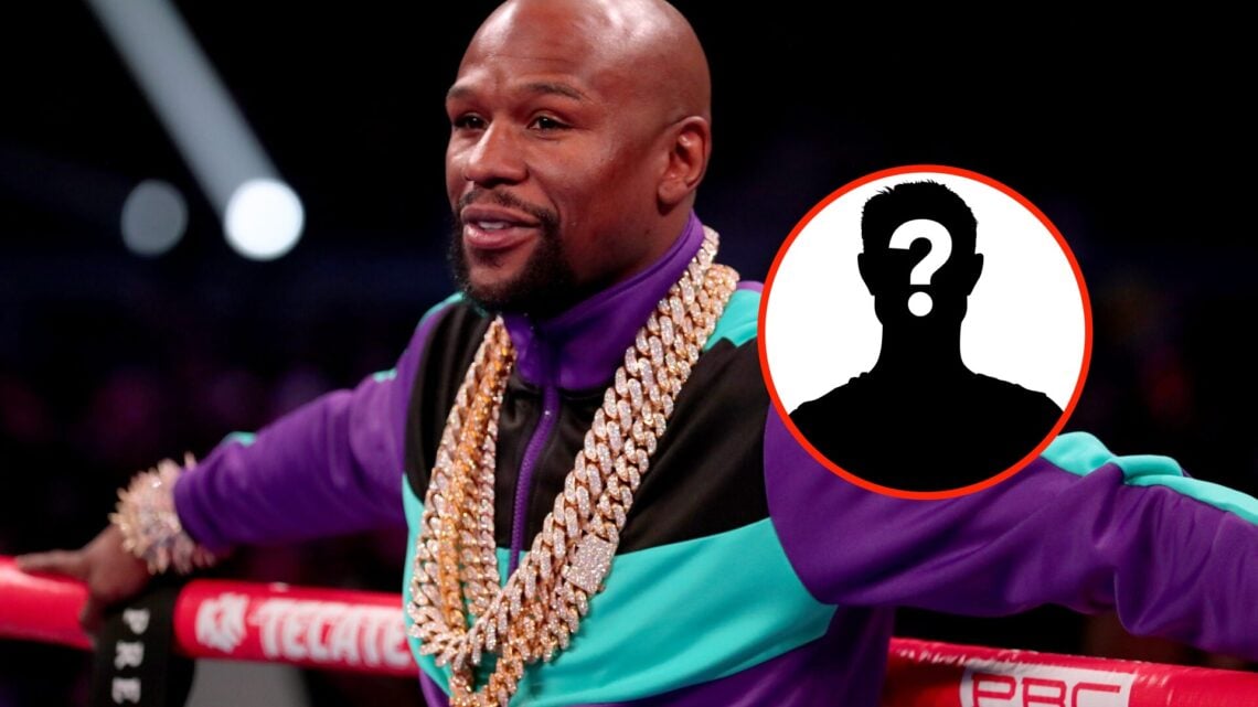 Center: Floyd Mayweather in the ring before a fight between Errol Spence Jr. and Mikey Garcia in March, 2019. Insert: Mystery Figure