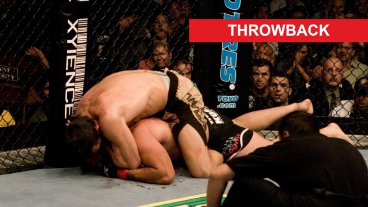 Forrest Griffin chokes Mauricio 'Shogun' Rua at UFC 76, inset throwback banner