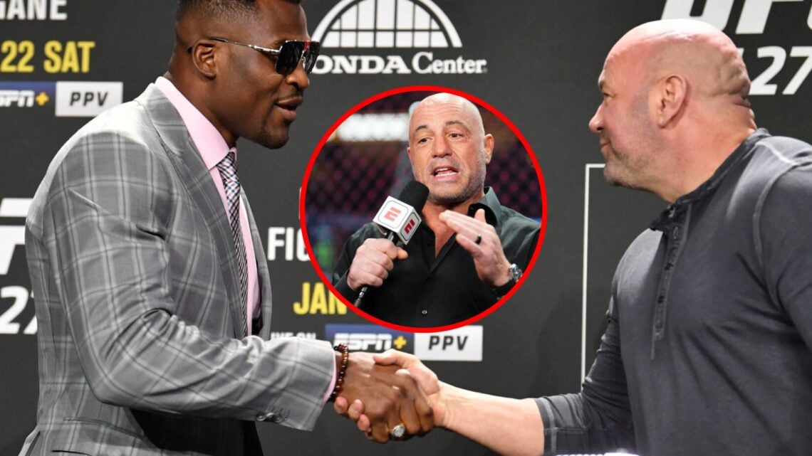 Main: Francis Ngannou shakes Dana White's hand at the UFC 270 press conference. Inset: Joe Rogan speaks during the broadcast of UFC 290.