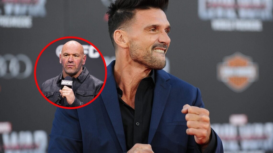 Frank Grillo at the Captain America: Civil War red carpet, with inset of Dana White at UFC press conference