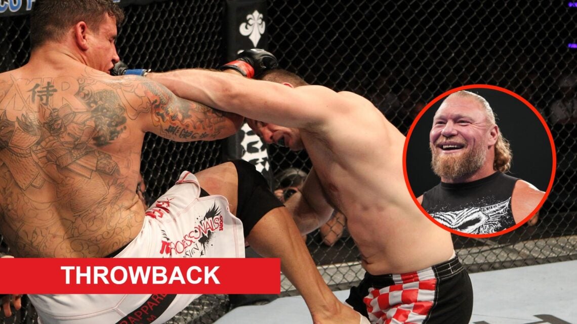 Frank Mir lands a knee strike on Mirko CroCop with an insert Brock Lesnar during WWE Smackdown, inset of John Cena fan crying at Wrestlepalooza