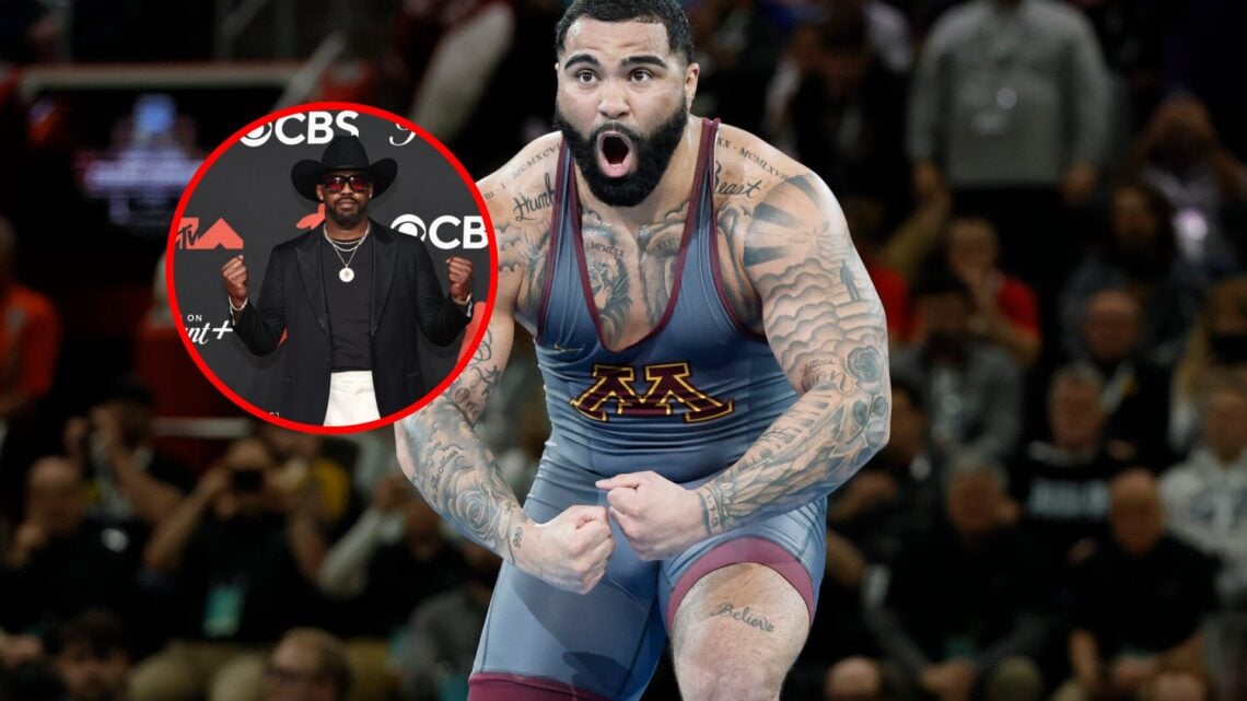 Gable Steveson reacts at the NCAA Championships, inset of Jon Jones at the MTV Video Music Awards