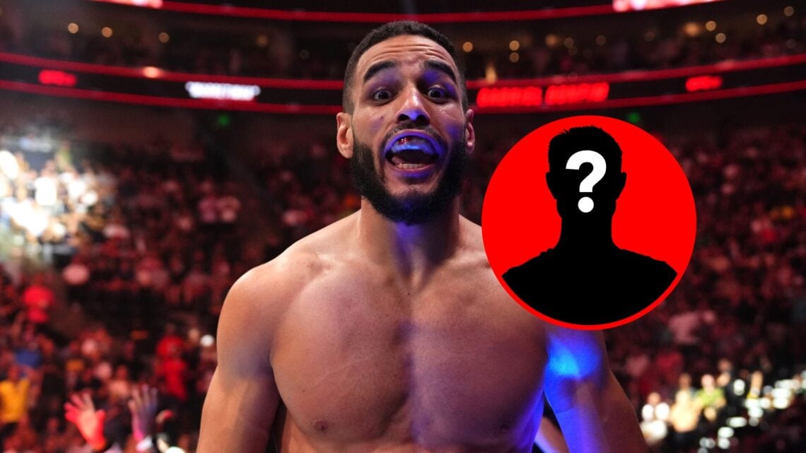 Gabriel Bonfim celebrating on top of UFC cage, with mystery inset