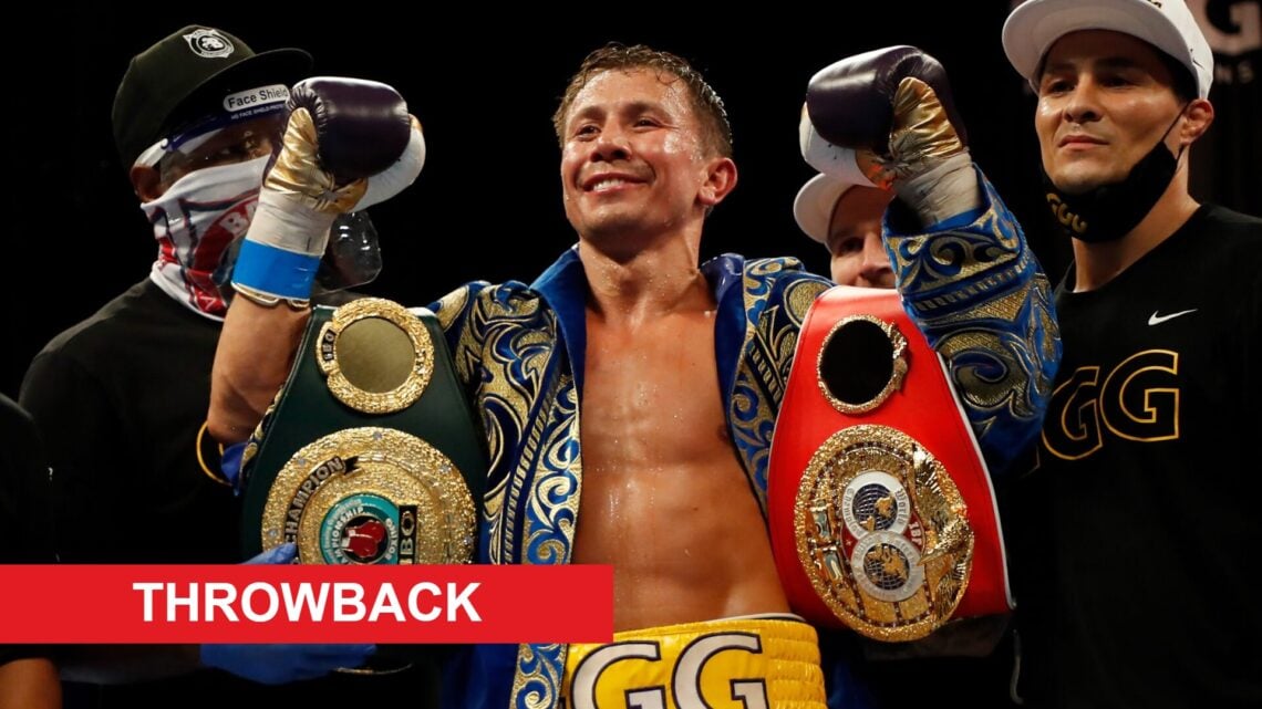 Gennady Golovkin celebrates in the ring after his middleweight title fight with Kamil Szeremeta in December, 2020.