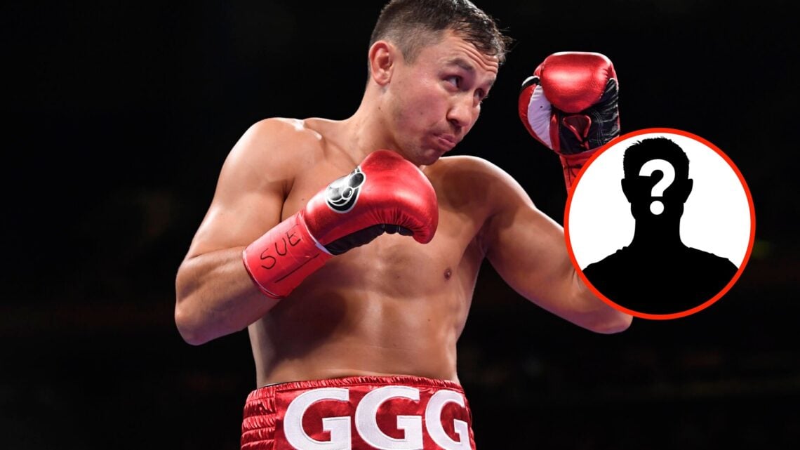 Center: Gennady Golovkin in the ring ahead of his middleweight title fight with Steve Rolls in June, 2019. Insert: Mystery Fighter
