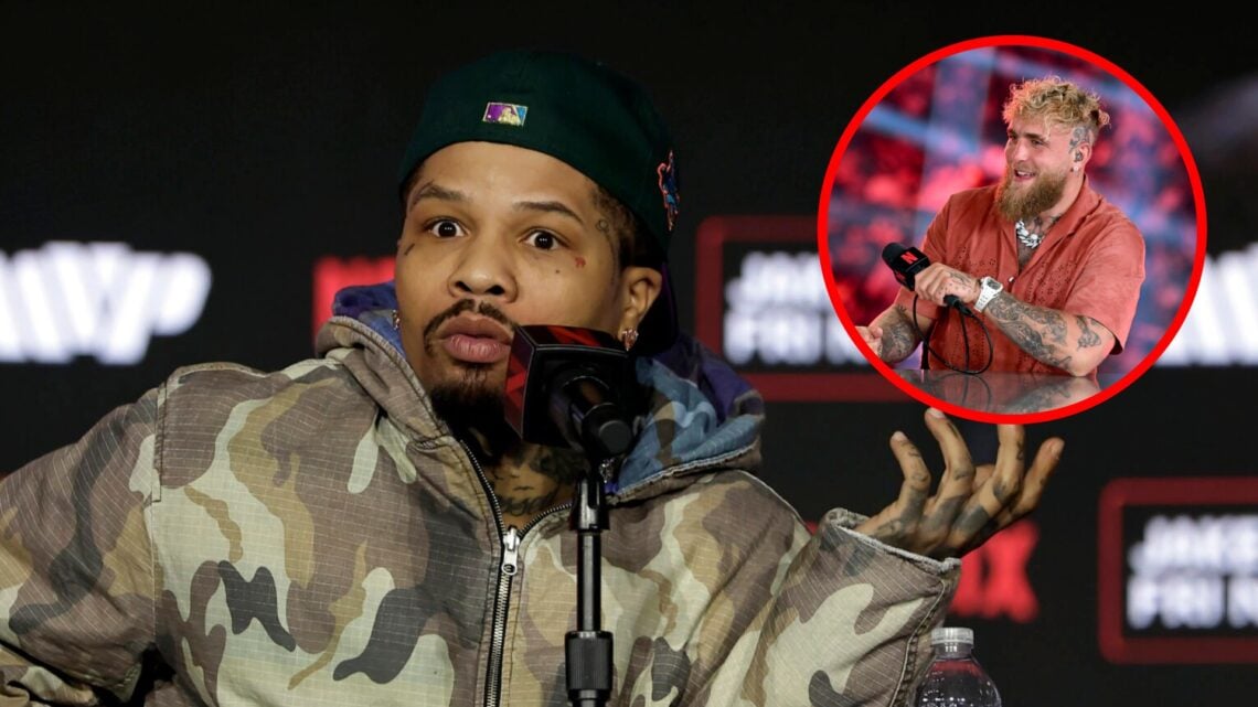 Gervonta Davis speaks at the press conference for his fight with Jake Paul, inset Paul speaks during the broadcast of Katie Taylor vs Amanda Serrano 3