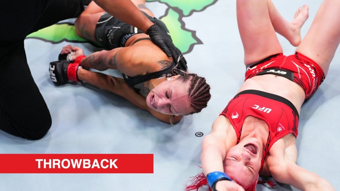 Gillian Robertson celebrates after choking out Mariya Agapova in their fight at UFC Vegas 60.