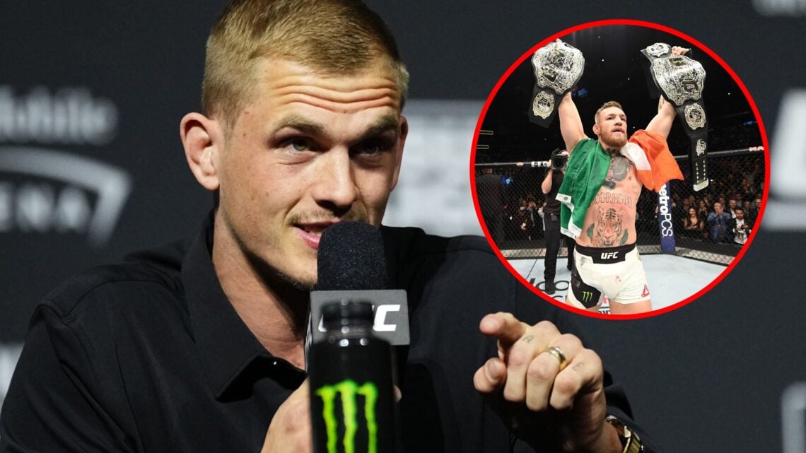 Main: Ian Machado Garry talking on the mic at the UFC 310 press conference. Inset: Conor McGregor holds both of his UFC titles after defeating Eddi...