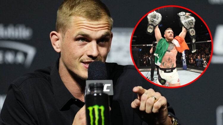 Main: Ian Machado Garry talking on the mic at the UFC 310 press conference. Inset: Conor McGregor holds both of his UFC titles after defeating Eddi...
