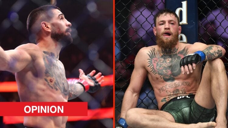 Ilia Topuria moments after his UFC 317 win split with Conor McGregor following his loss to Khabib Nurmagomedov