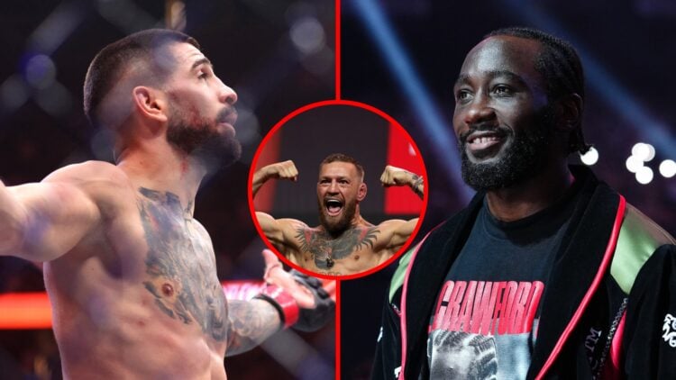 Left: Ilia Topuria following his UFC 317 win over Charles Oliveira. Right: Terence Crawford before his boxing match against Canelo Alvarez. Inset: ...