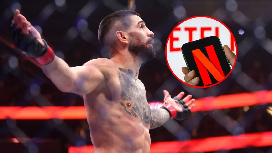 Ilia Topuria raising his hands at UFC 317, Netflix logo photo illustration