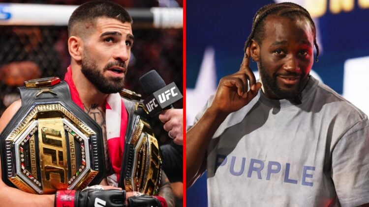 Ilia Topuria speaks to Joe Rogan after his UFC 317 win, Terence Crawford at the Canelo Alvarez press conference