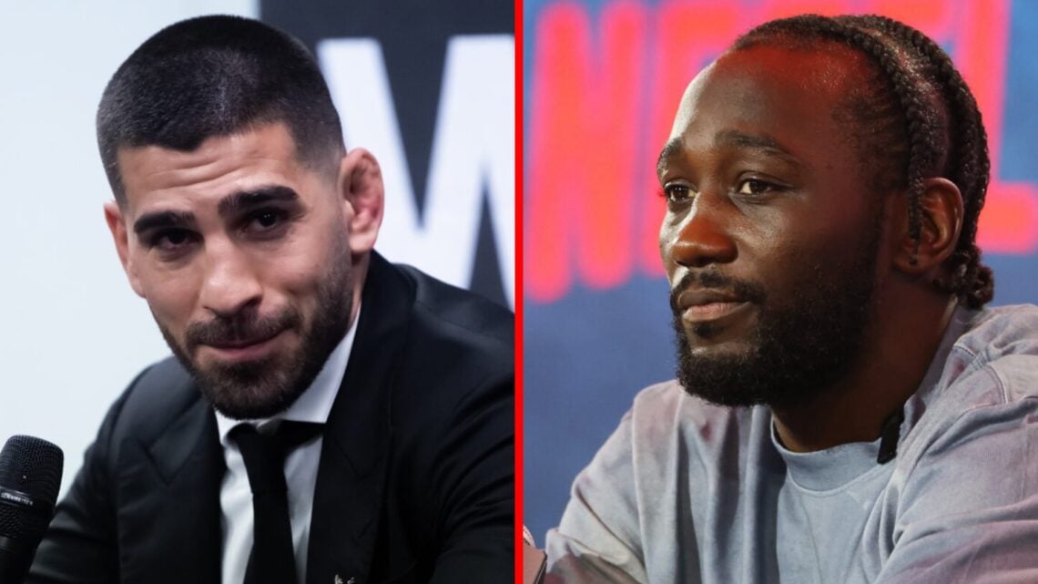 Ilia Topuria on stage at the WOW 17 press conference, Terence Crawford on stage at a press conference at Fanatics Fest