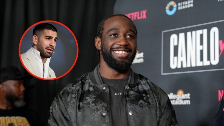 Insert: Ilia Topuria speaks to media and fans at a press event. Center: Terence Crawford attends the Grand Arrivals at the Fontainebleu Las Vegas i...