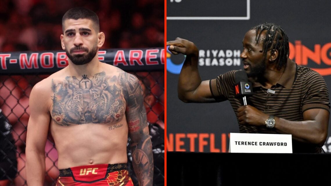 Ilia Topuria moments before his UFC 317 title fight split with Terence Crawford at pre-fight press conference ahead of fight against Canelo Alvarez