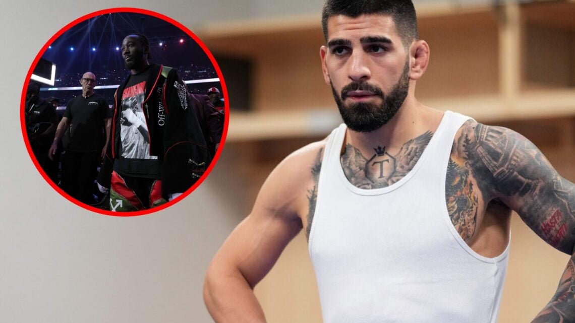Ilia Topuria warms up ahead of his UFC 282 fight, inset of Terence Crawford walking to the ring for his fight with Canelo Alvarez