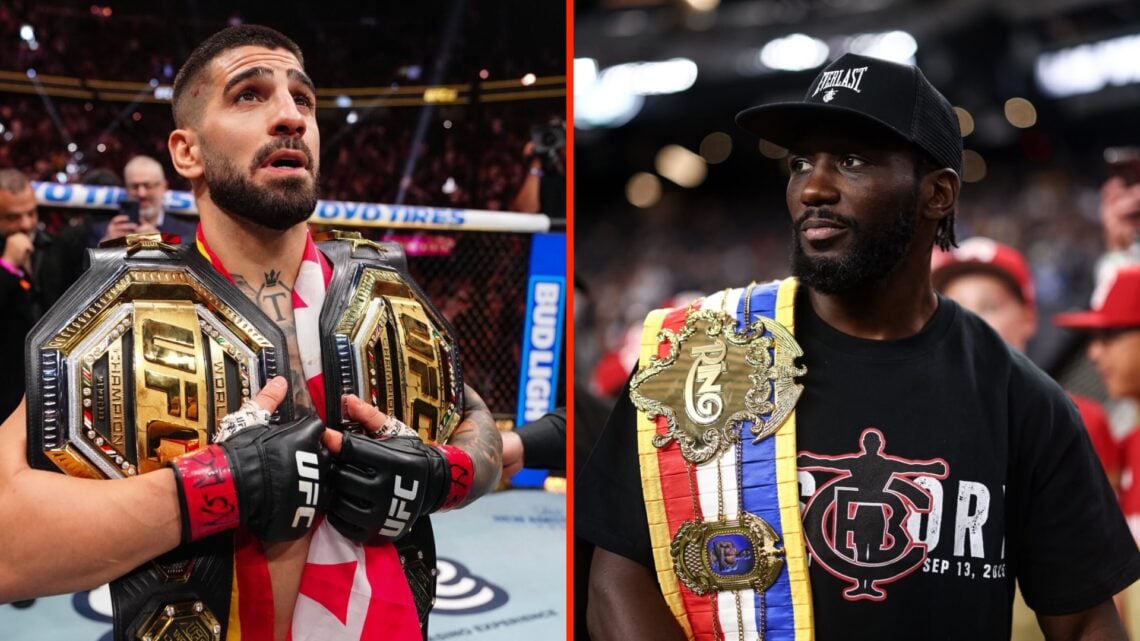 Ilia Topuria holds two UFC belts following his UFC 317 win split with Terence Crawford in attendance at an NFL match