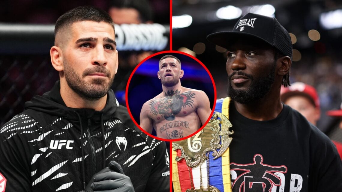 Left: Ilia Topuria serves as a cornerman for his brother at UFC 312. Right: Terence Crawford attends the game between Las Vegas Raiders and Los Ang...