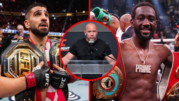 Ilia Topuria celebrates with two UFC belts after beating Charles Oliveira at UFC 317, Terence Crawford poses after beating Errol Spence Jr., inset ...