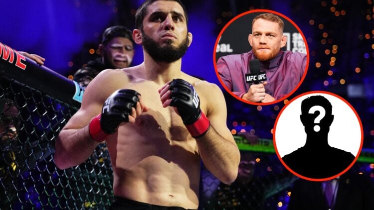 Center: Islam Makhachev in the Octagon before his UFC 311 fight with Renato Moicano in Janaury, 2025. Insert: Jack Della Maddalena at a pre-fight p...