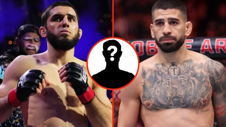 Left: Islam Makhachev in the Octagon ahead of his lightweight title fight with Renato Moicano at UFC 311. Insert: Mystery Fighter. Right: Ilia Topu...