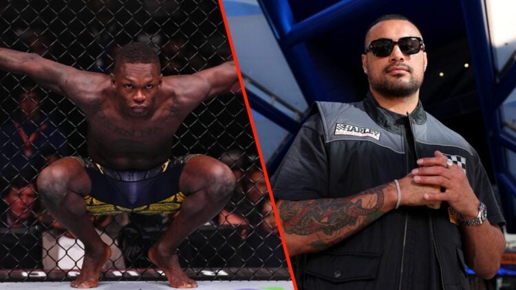 Israel Adesanya crouches against the cage before fighting Nassourdine Imavov and Carlos Ulberg poses with sunglasses on at the UFC Perth press conf...