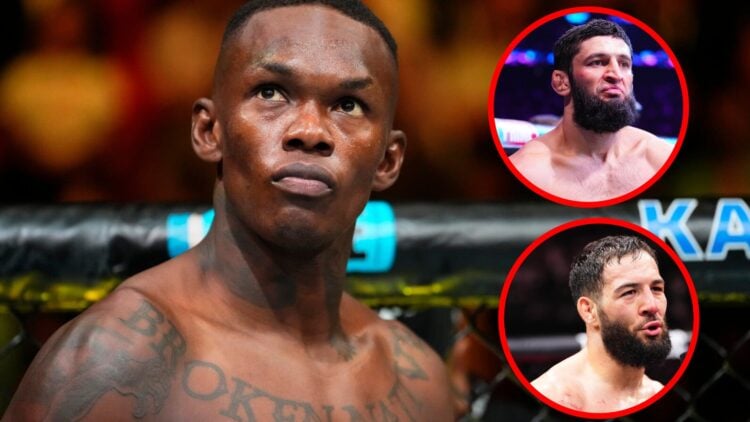 Israel Adesanya prepares to fight at UFC 287, two insets of Khamzat Chimaev and Nassourdine Imavov