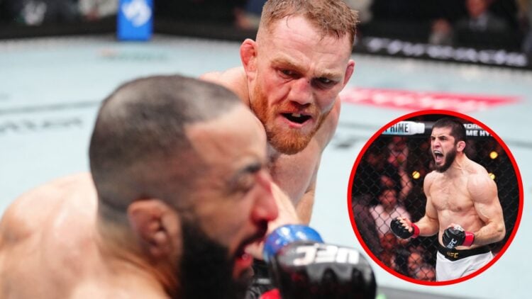 Jack Della Maddalena punches Belal Muhammad at UFC 315, inset Islam Makhachev celebrates after beating Renato Moicano at UFC 311