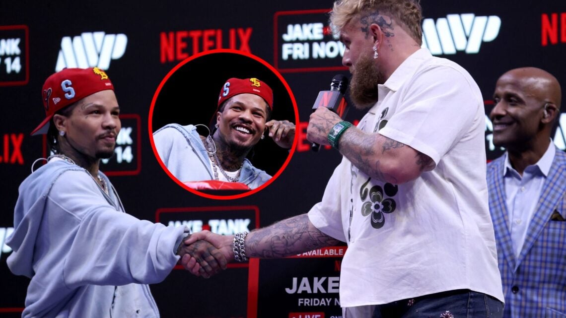 Jake Paul and Gervonta Davis shake hands at the Paul vs. Davis press conference, inset of Gervonta Davis smiling