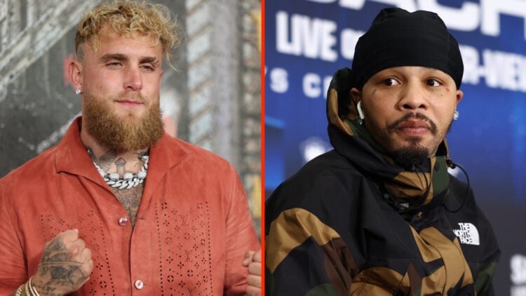 Jake Paul poses for photos at Katie Taylor vs Amanda Serrano 3 split with Gervonta Davis during a press conference ahead of his fight against Lamon...