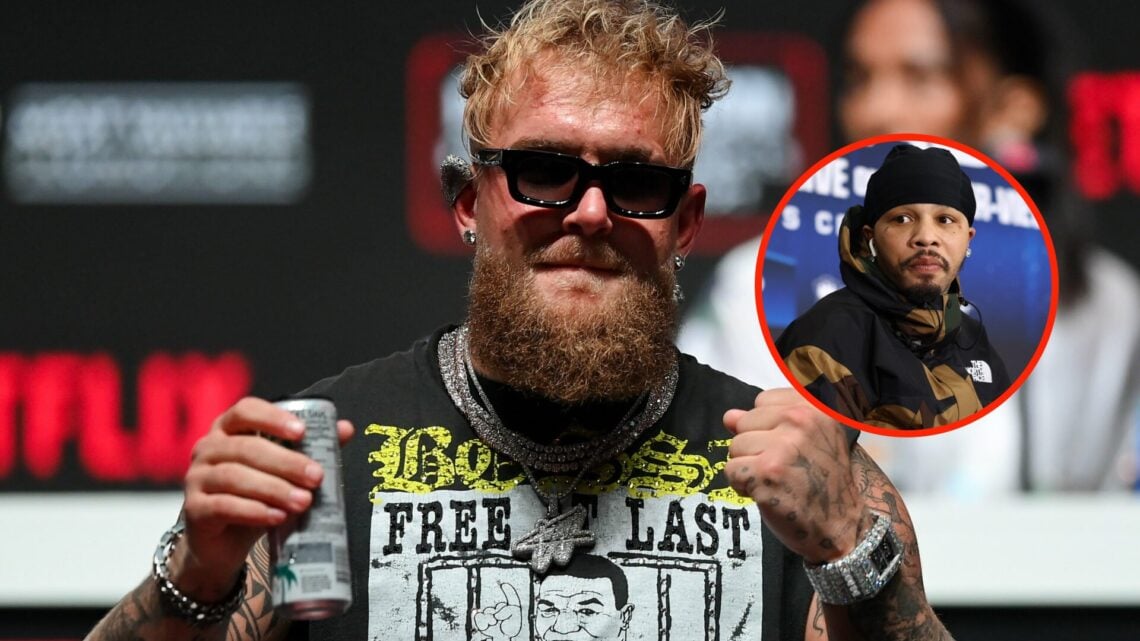 Center: Jake Paul attends a press conference ahead of his fight with Mike Tyson in December, 2024. Insert: Gervonta Davis attends a pre-fight press...