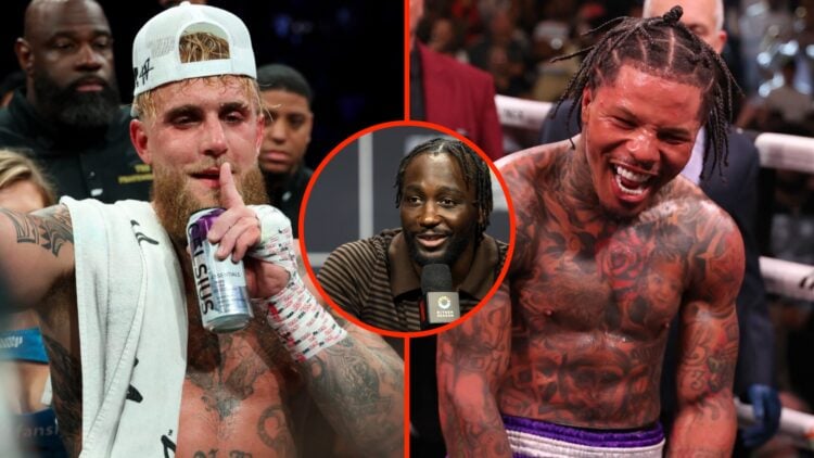 Jake Paul following win over Julio Cesar Chavez Jr split with Gervonta Davis celebrating win over Ryan Garcia with inset of Terence Crawford