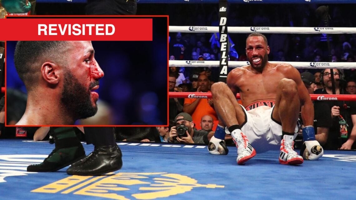James DeGale reacts after being dropped by Badou Jack, inset of his blooksoaked face after their fight