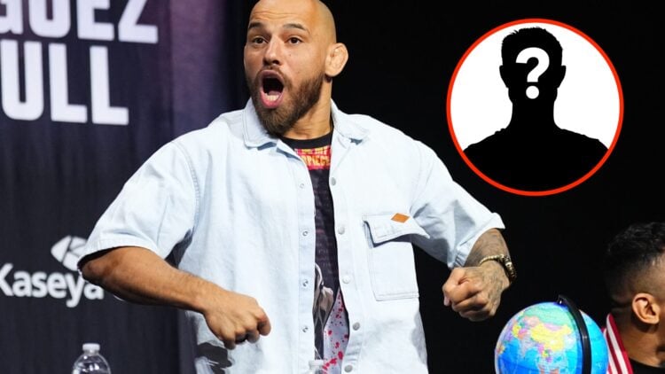 Jean Silva barks on stage at the UFC 314 press conference with an inset of a mystery fighter