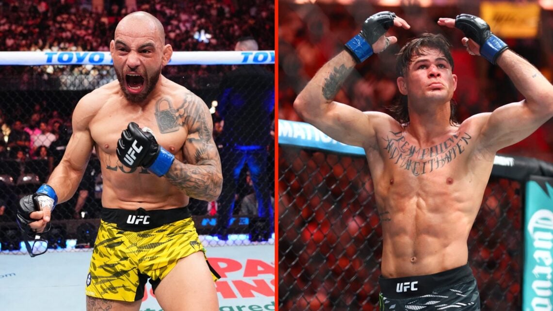 Diego Lopes reacts prior to fighting Alexander Volkanovski and Jean Silva celebrates his win over Bryce Mitchell at UFC 314.