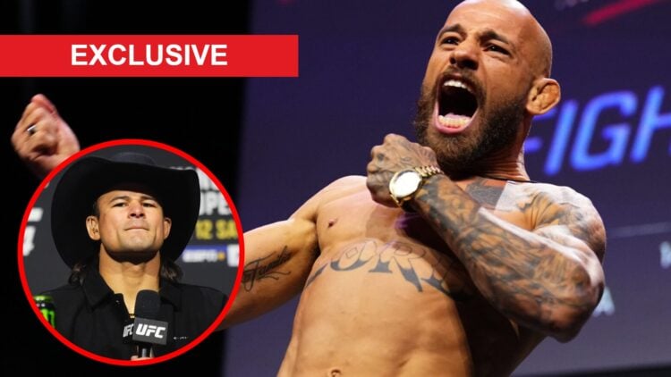 Jean Silva poses on the scales during the UFC Seattle ceremonial weigh-ins, inset Diego Lopes on stage at the UFC 314 press conference, exclusive b...