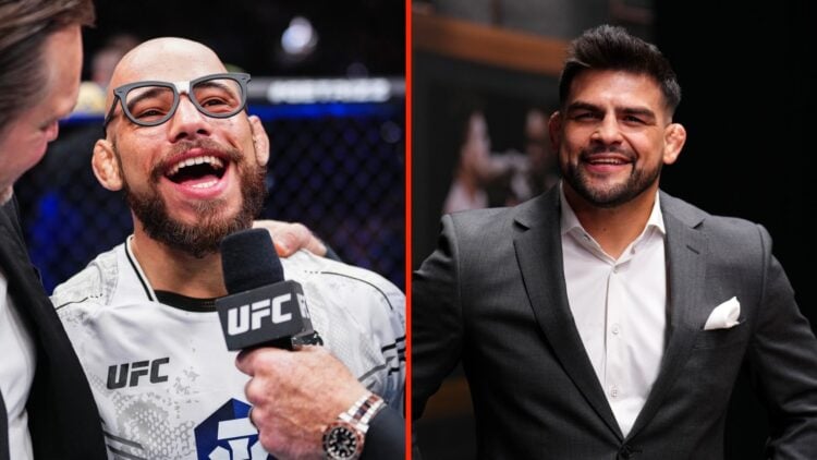 Joe Rogan talks with UFC star Jean Silva and a translator after Silva's win at UFC 314 and Kelvin Gastelum at the UFC Hall of Fame 2025