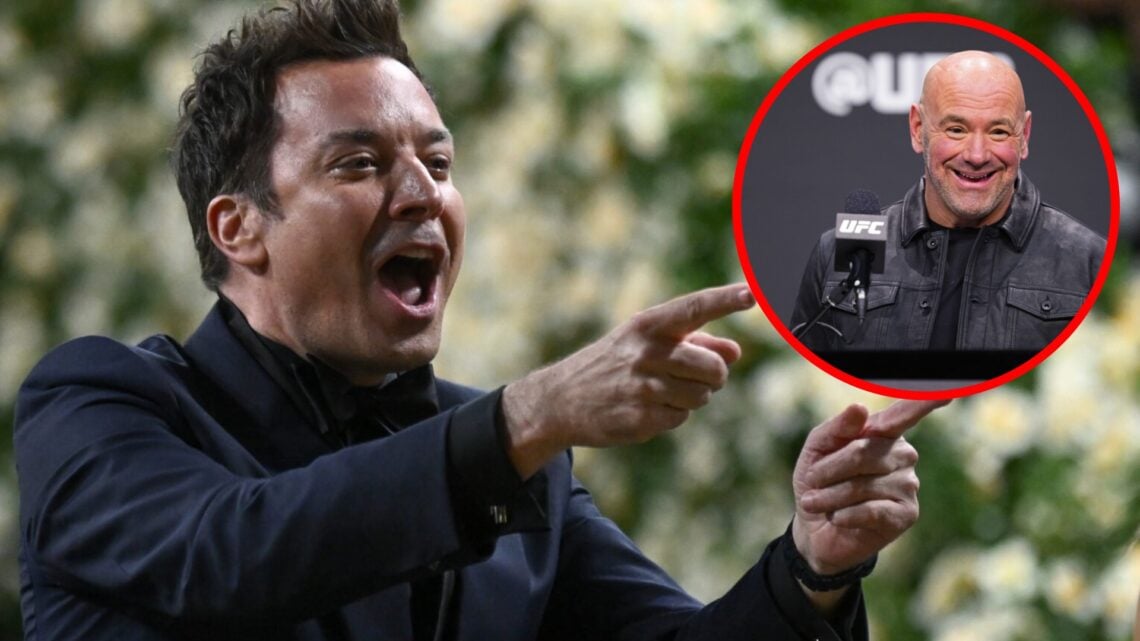 Jimmy Fallon gestures at the 2025 Costume Institute Benefit Gala, inset Dana White laughs at the UFC 2024 seasonal press conference