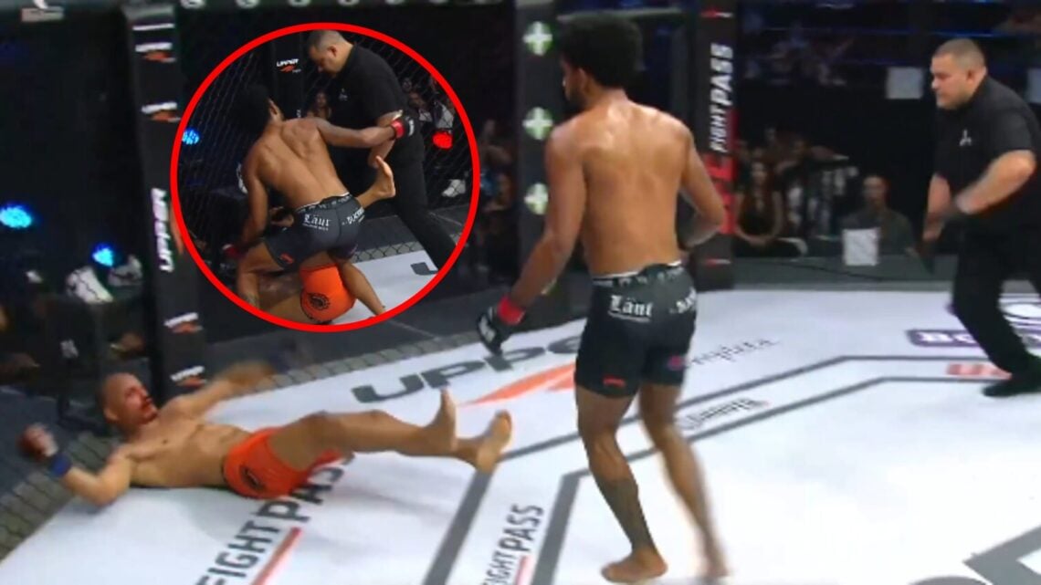 Main: Willian Prado falls to the ground after being hit by Joao Oliveira's head kick at Shooto 132. Inset: Joao Oliveira looks at the referee while...