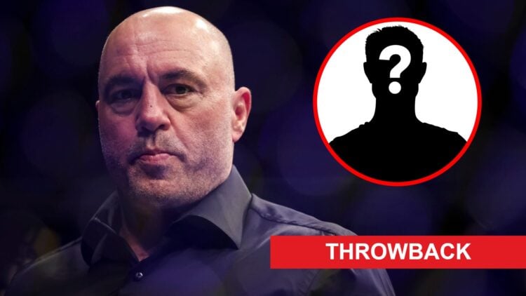 Joe Rogan looks on during UFC 273 in Jacksonville, Florida, inset mystery icon and throwback banner