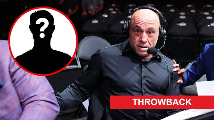 Joe Rogan reacts during the UFC 303 broadcast in Las Vegas, inset mystery icon and throwback banner