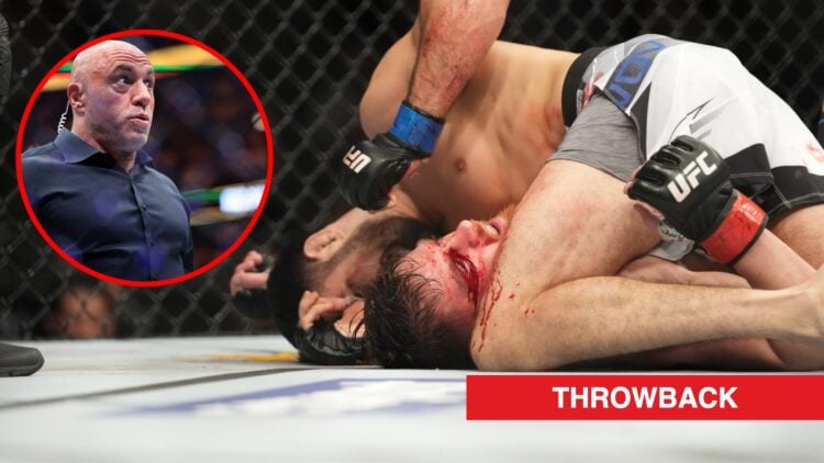 Main: Nassourdine Imavov lands elbows on Edmen Shahbazyan in the crucifix position during their fight at UFC 268. Inset: Joe Rogan in the cage afte...