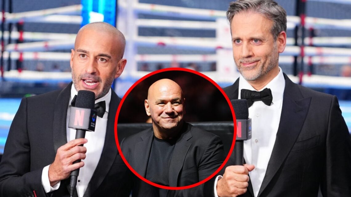 Jon Anik, Max Kellerman. and Andre Ward (not pictured) speak on the Canelo v Crawford broadcast, inset Dana White smiles ring-side during Canelo v ...