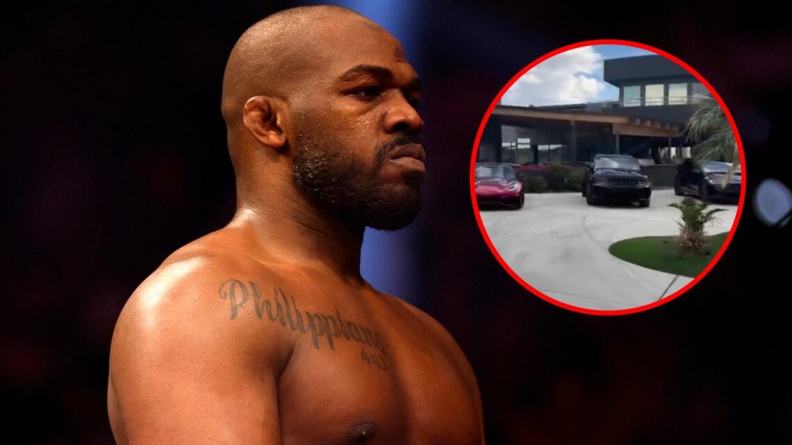Main: Jon Jones celebrates beating Ciryl Gane at UFC 285. Inset: Jon Jones shows off his car collection in front of his mansion
