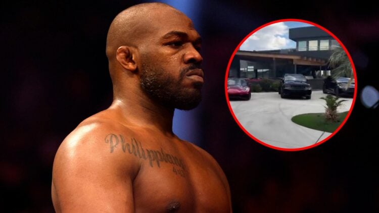 Main: Jon Jones celebrates beating Ciryl Gane at UFC 285. Inset: Jon Jones shows off his car collection in front of his mansion