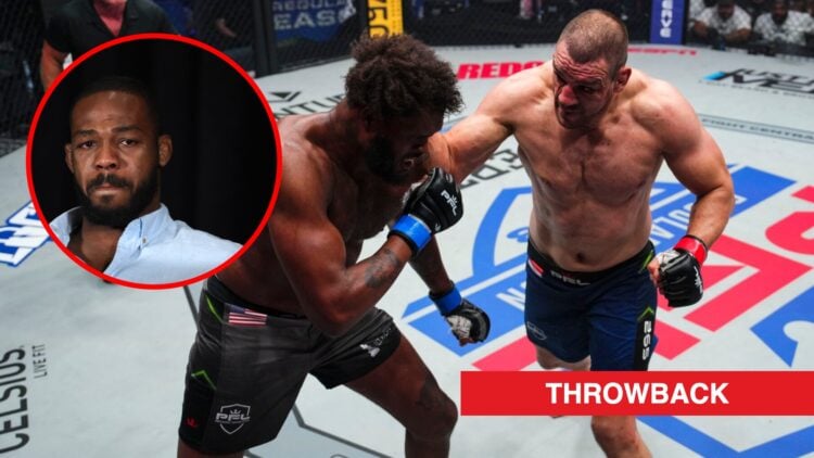Main: Ante Delija punches Maurice Greene during their fight at 2023 PFL 5. Inset: Jon Jones crying during a UFC press conference.