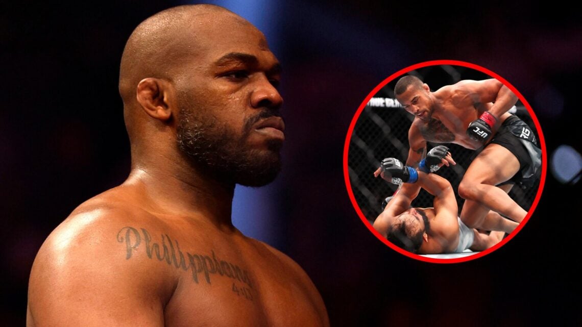 Jon Jones reacts after beating Ciryl Gane at UFC 285, inset Carlos Ulberg stops Dominick Reyes at UFC Perth