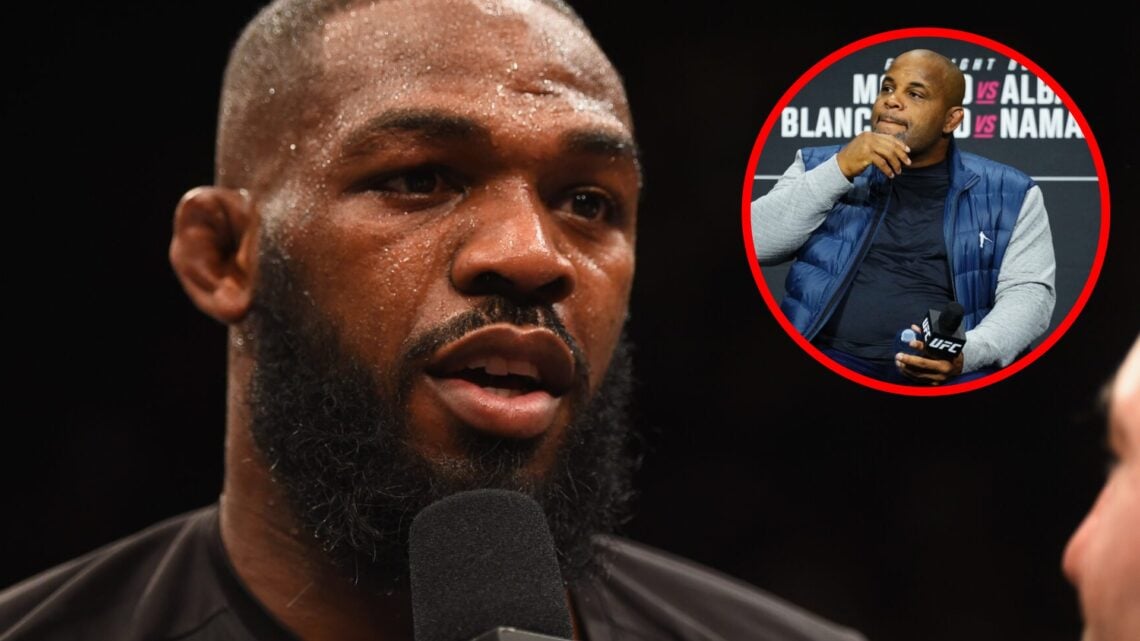 Jon Jones speaks after beating Ovince Saint Preux at UFC 197, inset Daniel Cormier on stage at a UFC Q&A session in Edmonton